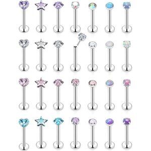 28-Pcs Stainless Steel Lip Rings Set 16G 10mm Bar Silver Cubic Zirconia Safe Jew